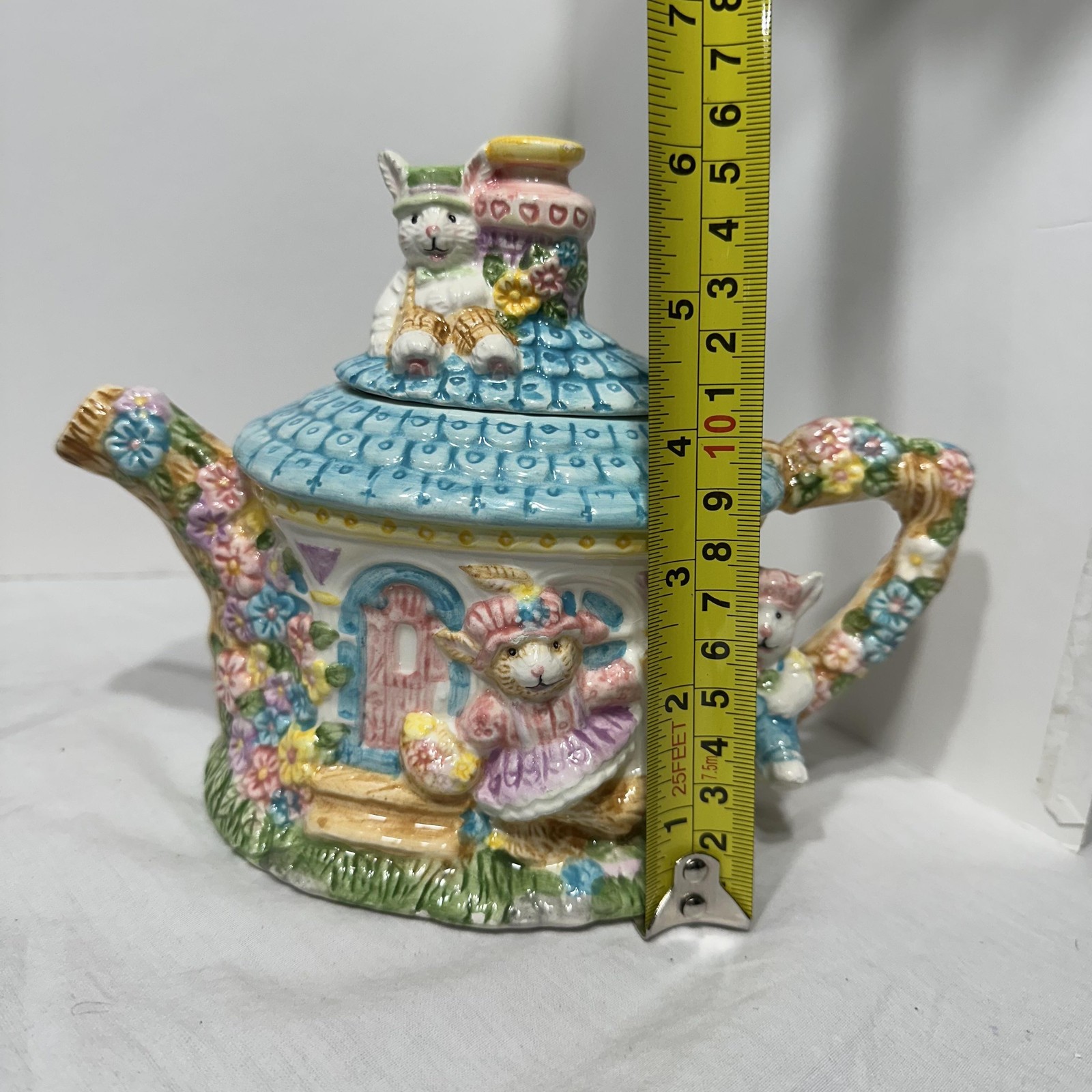 Vintage Mercuries Bunny Cottage House Teapot Ceramic Easter Floral Pastel 1994