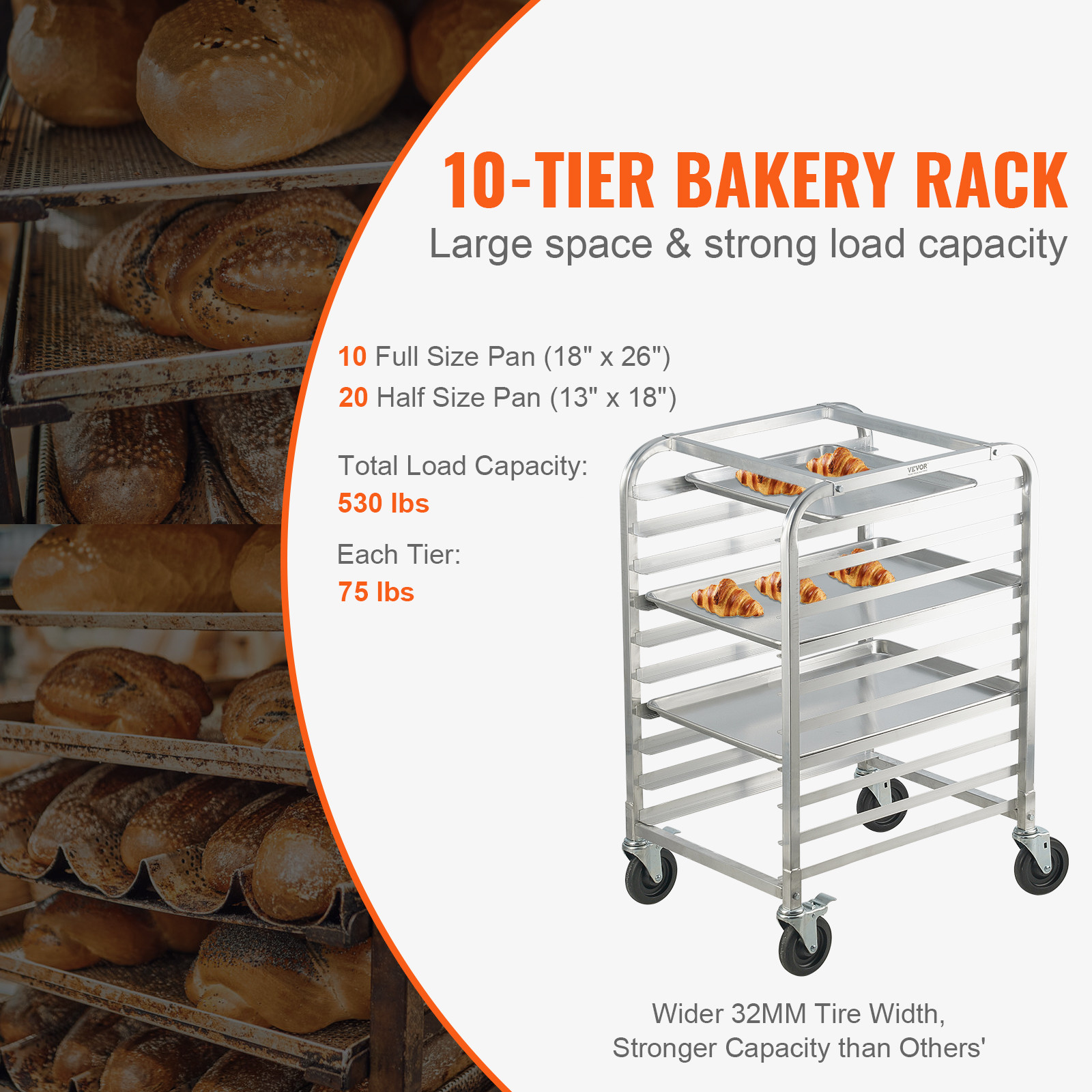 VEVOR 10 Sheet Commercial Bun Pan Rack Kitchen Aluminum Baking Racks Brake Wheel