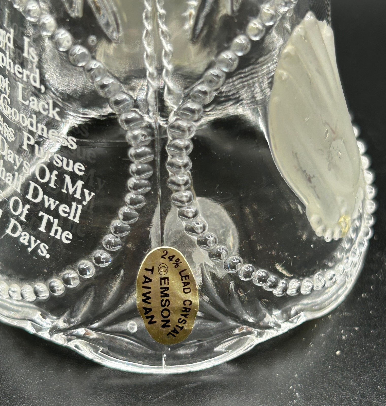 VINTAGE GLASS BELL THE LORDS PRAYER PRAYING HANDS ETCHED ON CRYSTAL EMSON TAIWAN