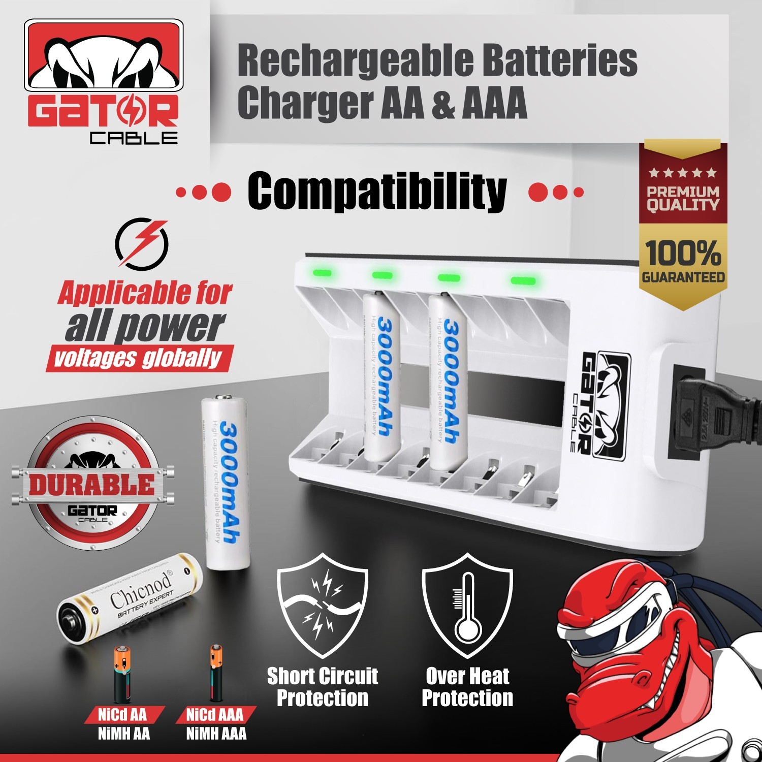 Rechargeable Battery Charger AA AAA Ni-MH Ni-CD Automatic Charged Red LED Light