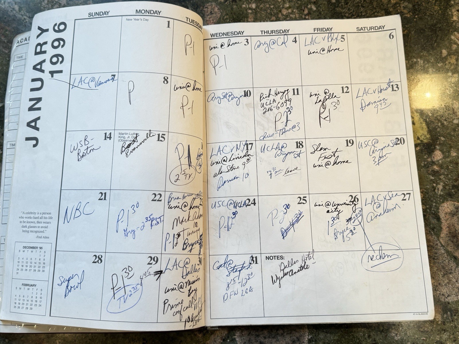 Bill Walton Personally Owned & Signed 1995-1996 NBA Sports Monthly Planner NBC