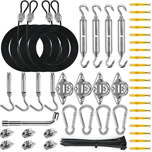 Sun Shade Sail Hardware Kit with 4pcs 10ft Length Extension Nylon Wire Rope,