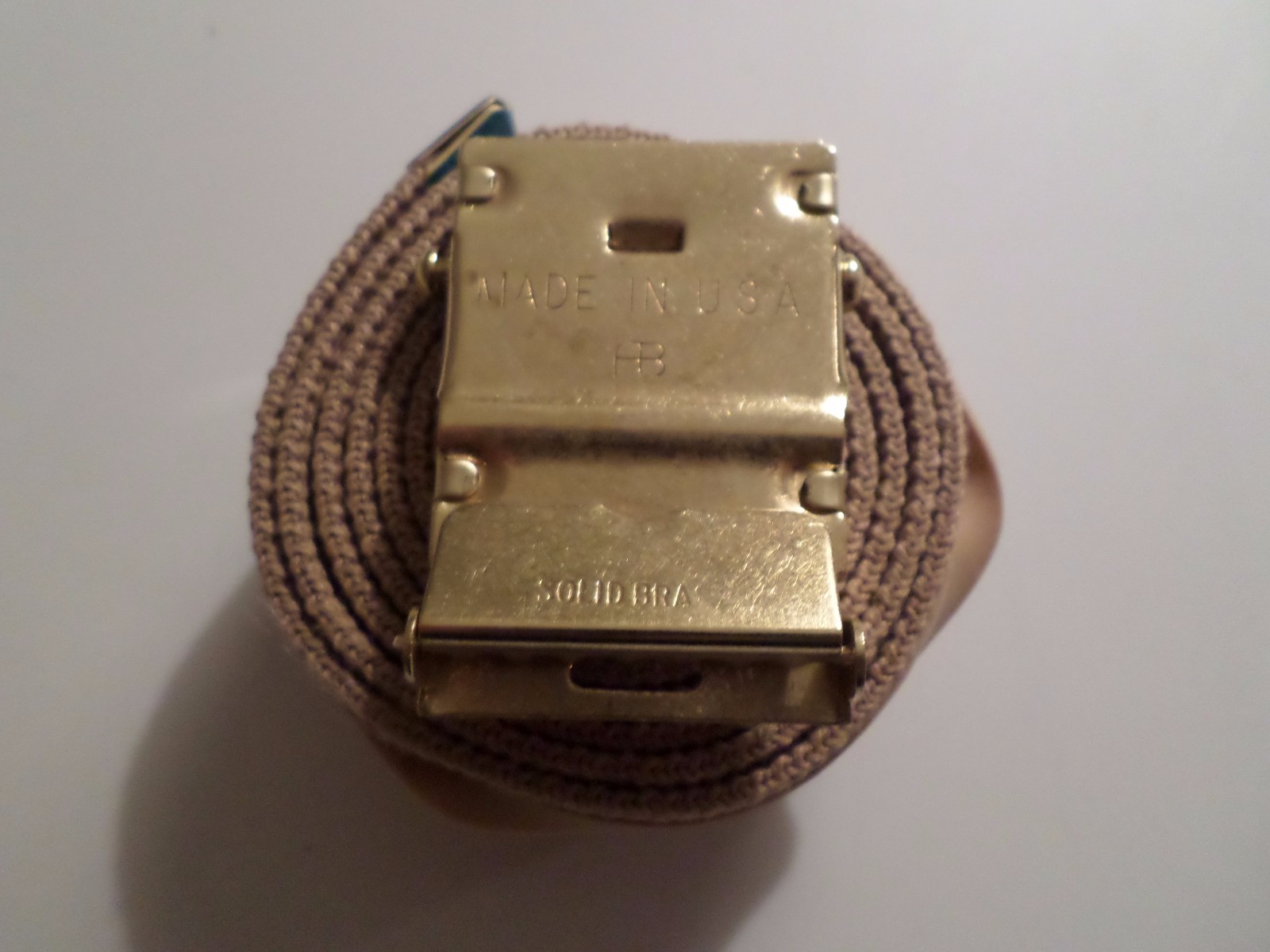 U.S MILITARY KHAKI WEB BELT WITH SOLID BRASS BUCKLE U.S.A MADE 54" HEAVY WEB