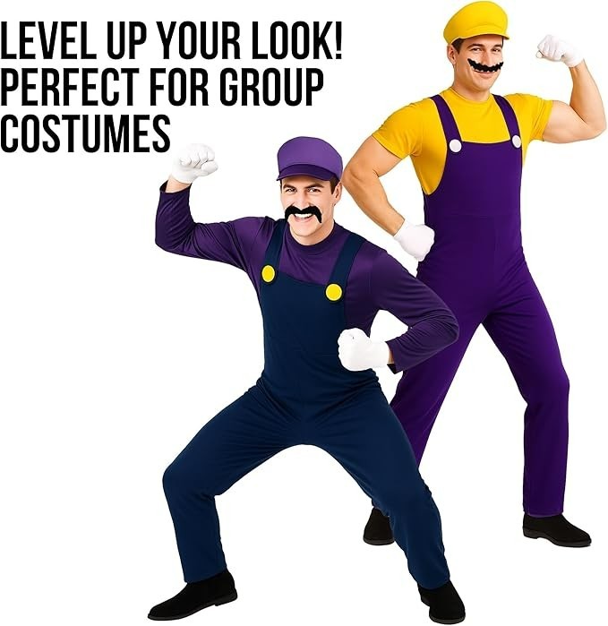 Adult Super Mario Brothers Waluigi Costume Men`s Purple Plumber + Hat Mustache