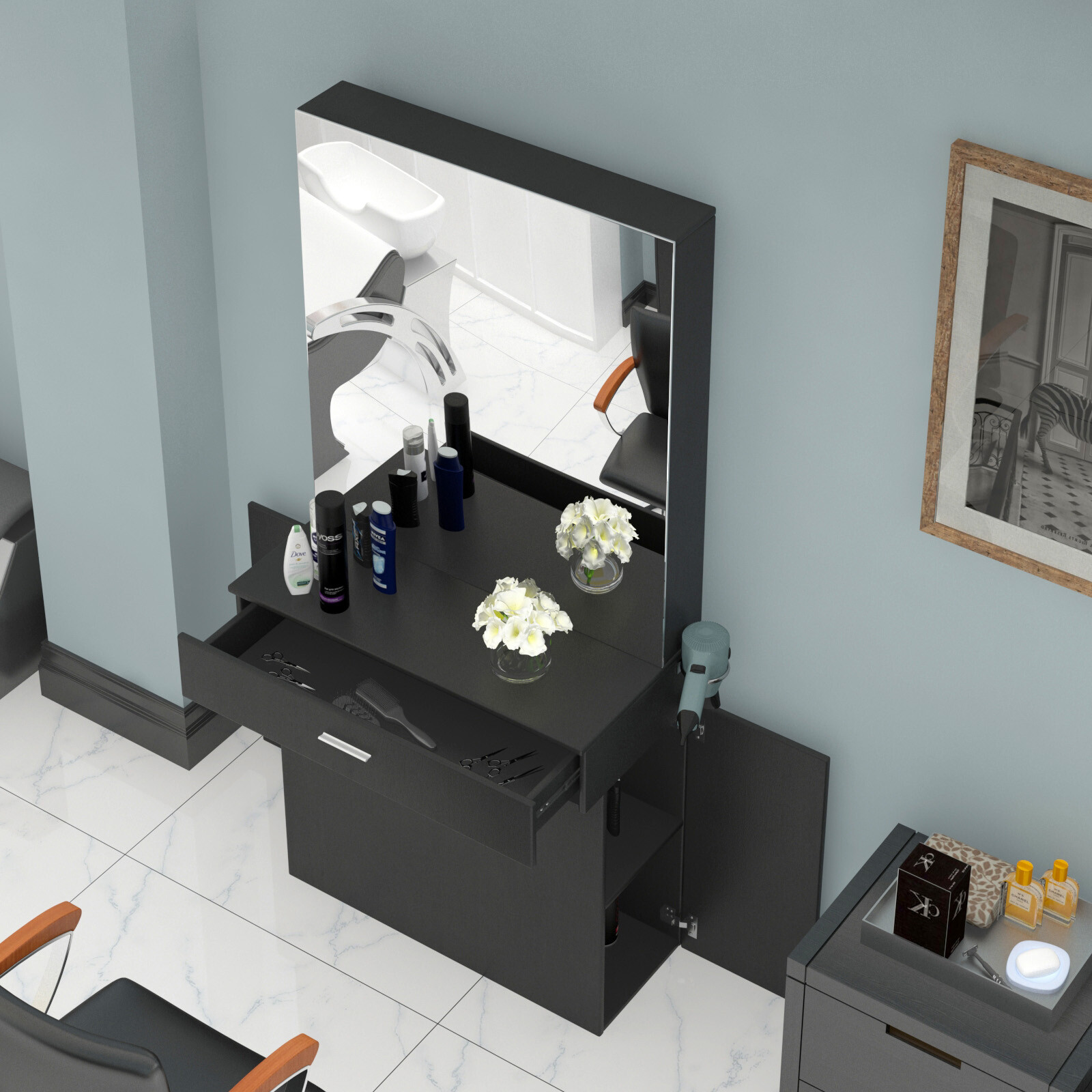 Black Wall Mount Barber Station W/Mirror Dressing Table Beauty Spa Salon Styling
