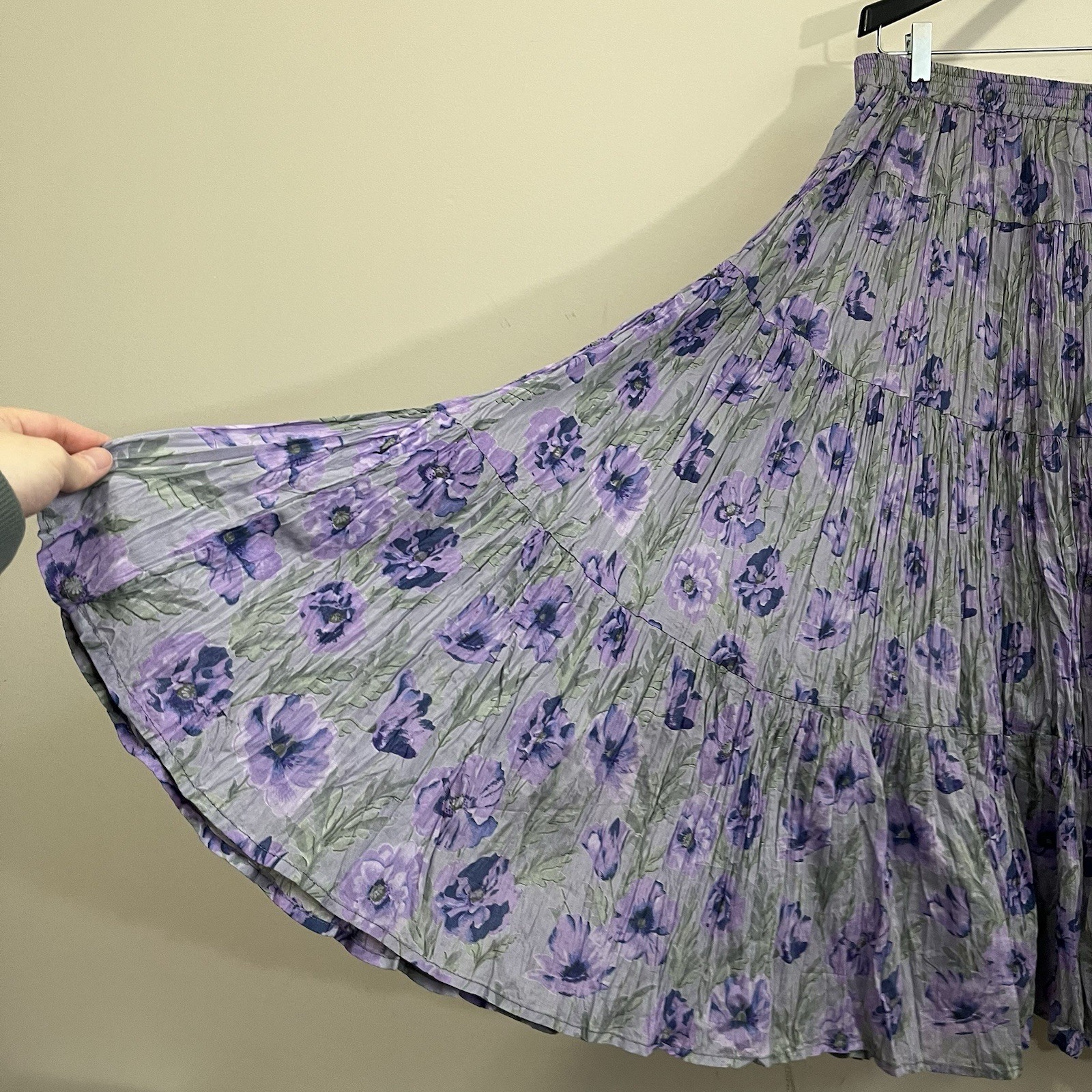 VTG Women 90s Cotton Floral Broomstick Tiered Maxi Skirt 2X Cottagecore Purple