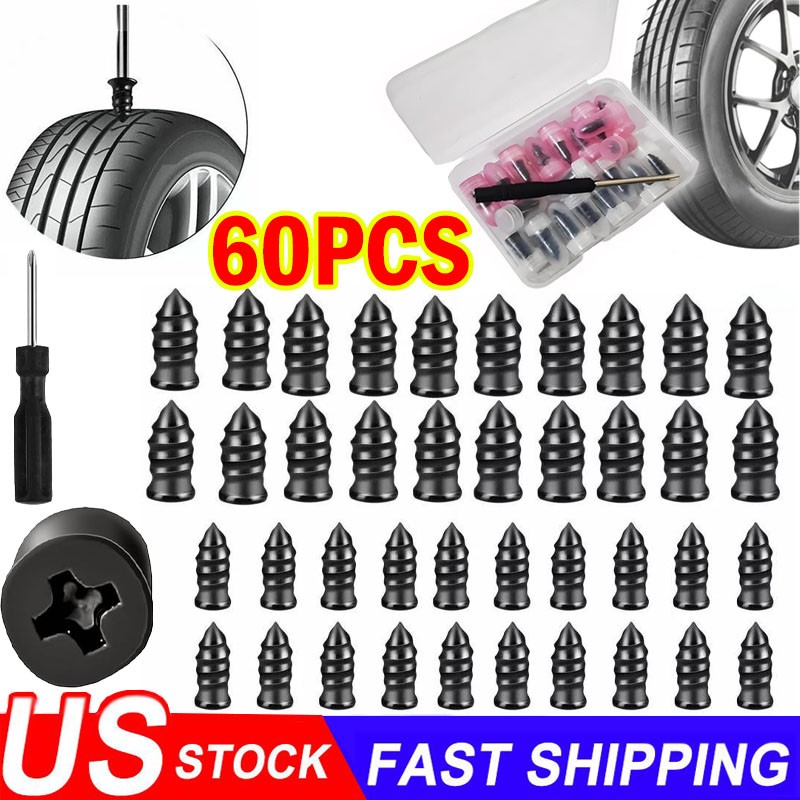 60 Pcs Rubber Tire Nail Repair Kit Screw In Tire Plugs for Car Truck SUV Van
