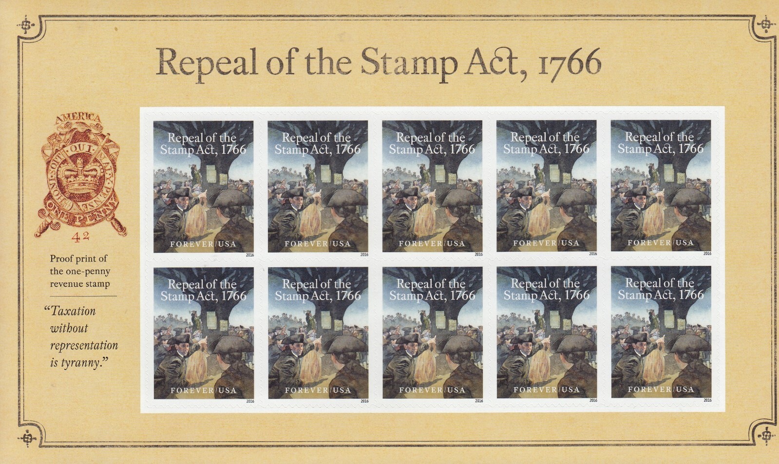 Repeal of the Stamp Act Mint Sheet of 10 Stamps, Scott #5064, MNH Free Shipping!
