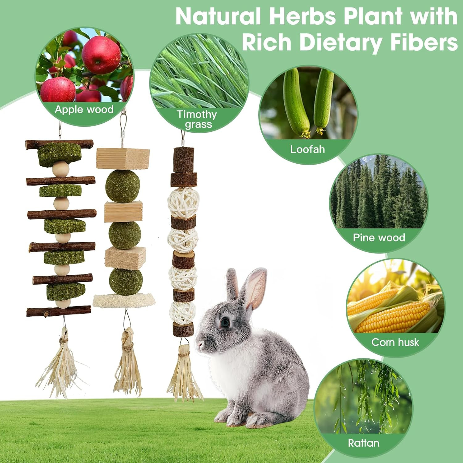 3 PCS Bunny Chew Toys, Natural Hanging Rabbit Chew Toy Treats for Guinea Pigs Ha