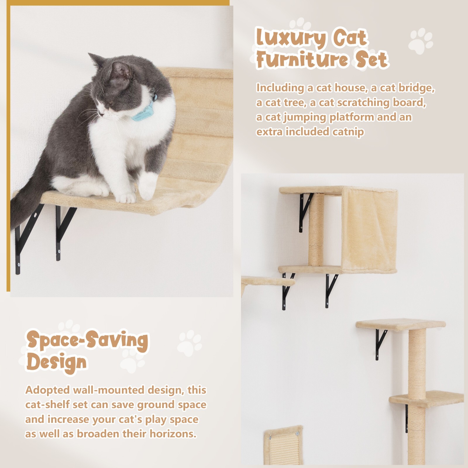 COZIWOW 5 Pcs Wall-Mounted Cat Climber Set Wood Indoor Cat Furniture Cat Shelves