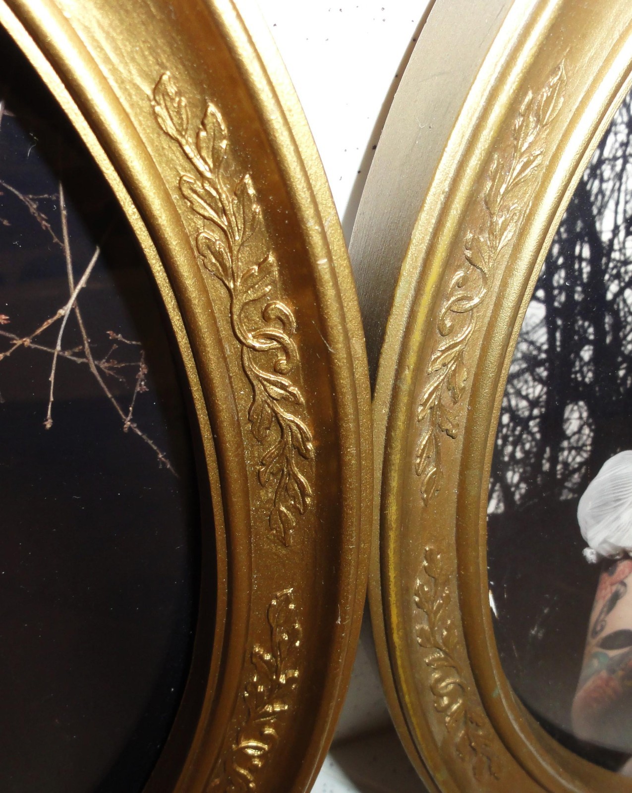 Vintage Two Gold Oval Frames with Gothic Pinup Girl Photos Vampire Look tattooed