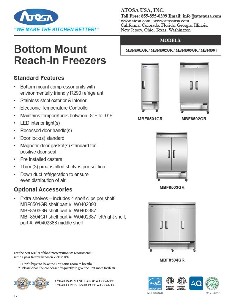 Atosa MBF8504GR, Bottom Mount 3-Door FREEZER