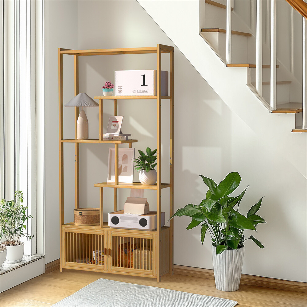 Bamboo 6-tier Storage Rack Blind Door Cabinet Staggered Shelf Etagere Bookcase