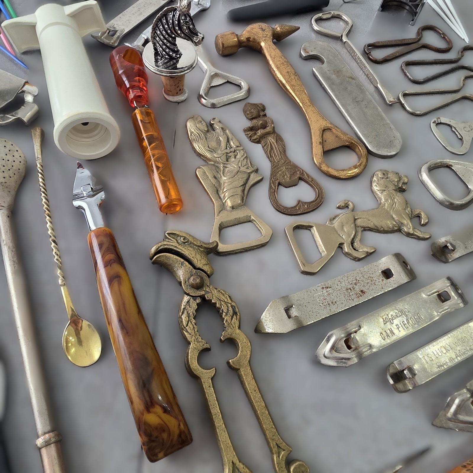 58 pc Lot of Vintage Bottle Openers, Picks, Barware, Bronze, Brass, Chrome, etc.