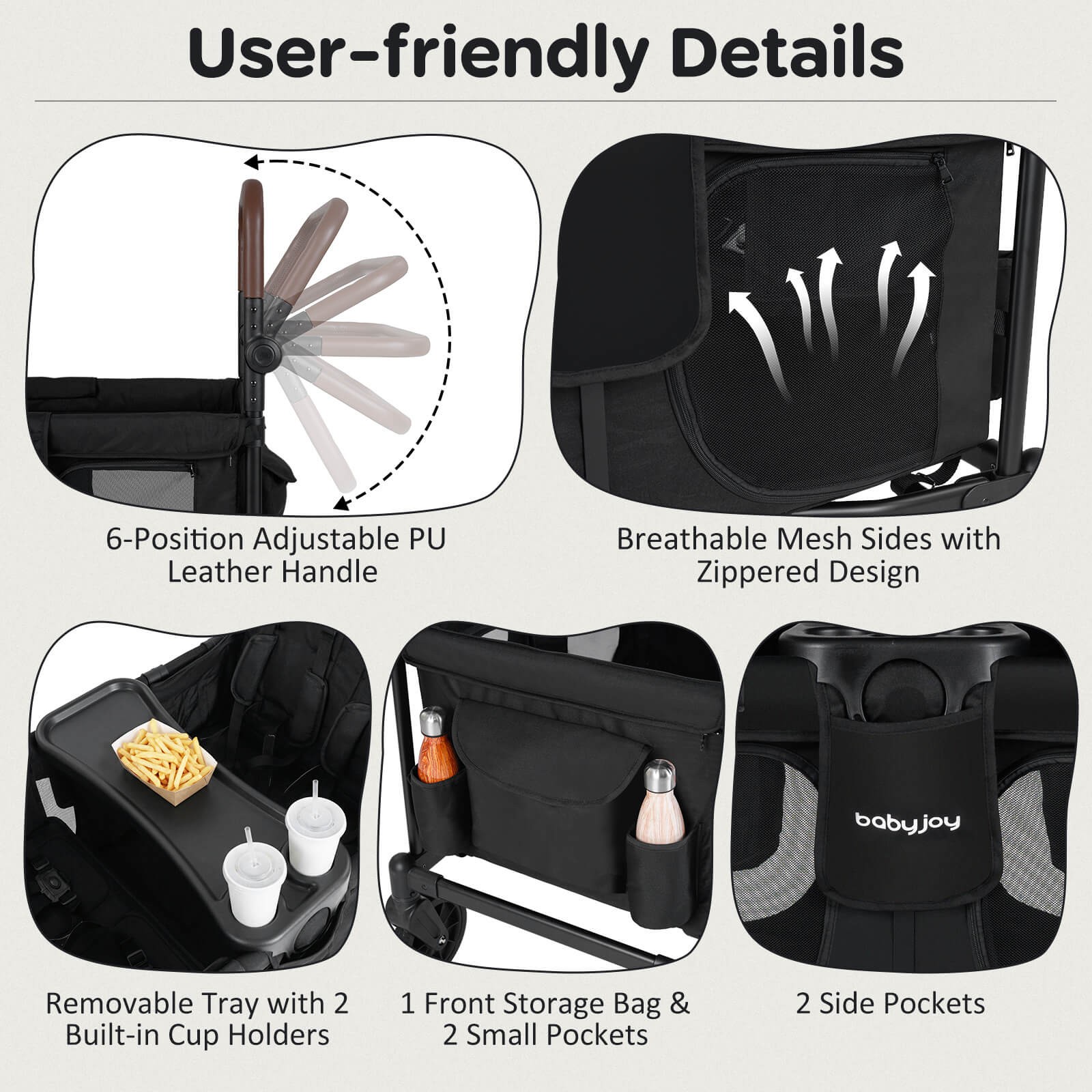 Wagon Stroller, Foldable 4-Seater Push-Pull Toddler Stroller w/Removable Canopy