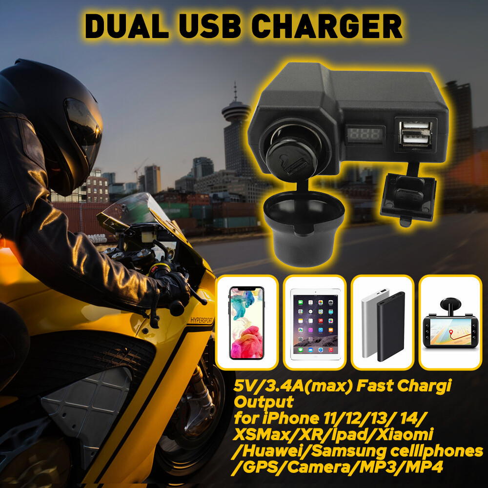 Motorcycle Handlebar Cigarette Lighter Socket Dual Charger USB W/ LED Voltmeter