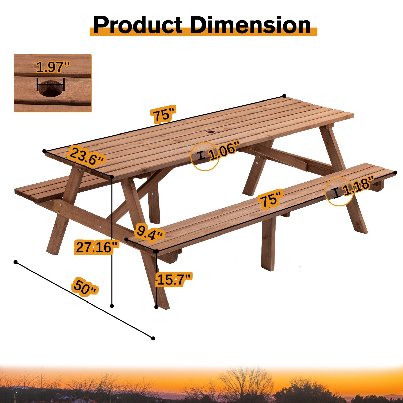 6-Person Outdoor Rectangular Wooden Picnic Table with Built-in Benches, Brown