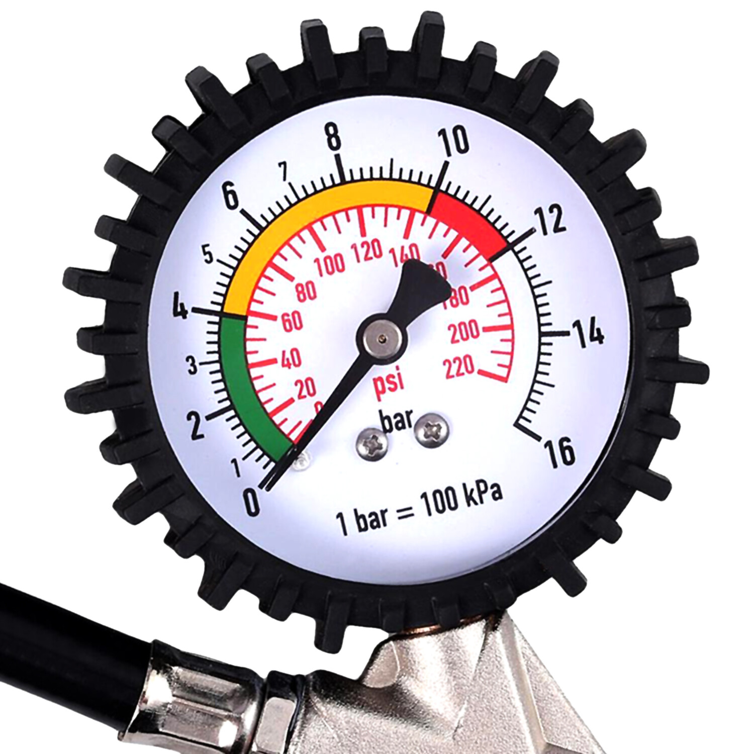Dial Tire Inflator Gauge Flexible Hose 220 PSI Pistol Style Air Chuck Pneumatic