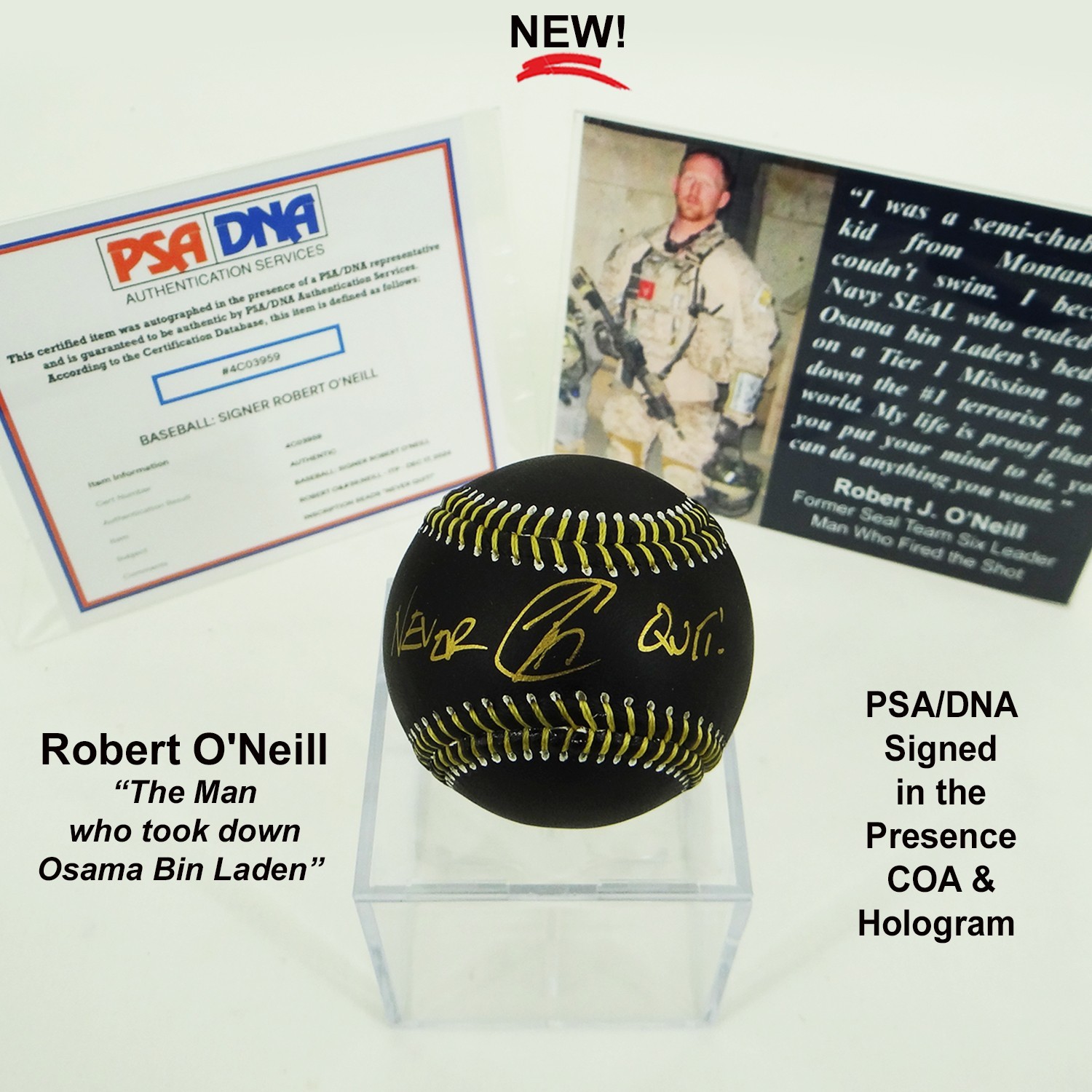 Robert O'Neill Signed Midnight Gold Baseball Inscribed “Never Quit” w/ PSA COA