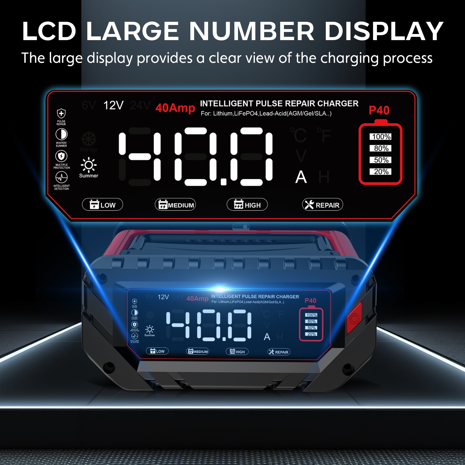 40-Amp Battery Charger, 12V/24V Lead Acid LiFePO4 Smart Battery Trickle Charger