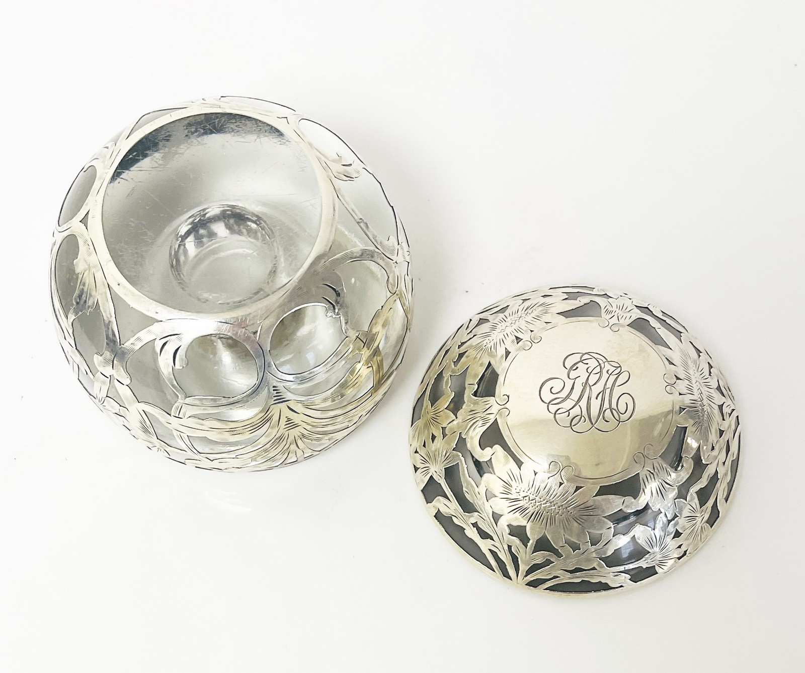 Antique Sterling Silver Overlay Art Nouveau Floral Ball Inkwell Monogram 3.5"