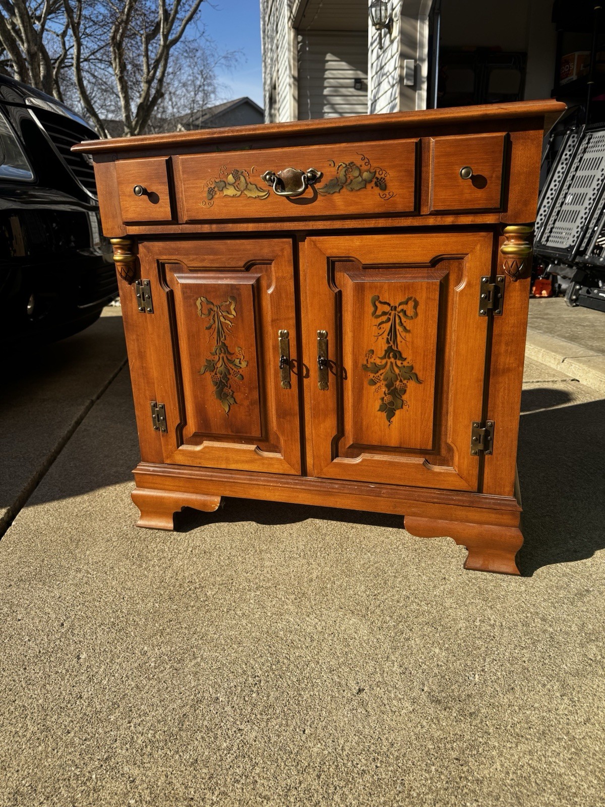 Tell City -Antique Wood Sideboard Buffet with Brass Handles and Carvings