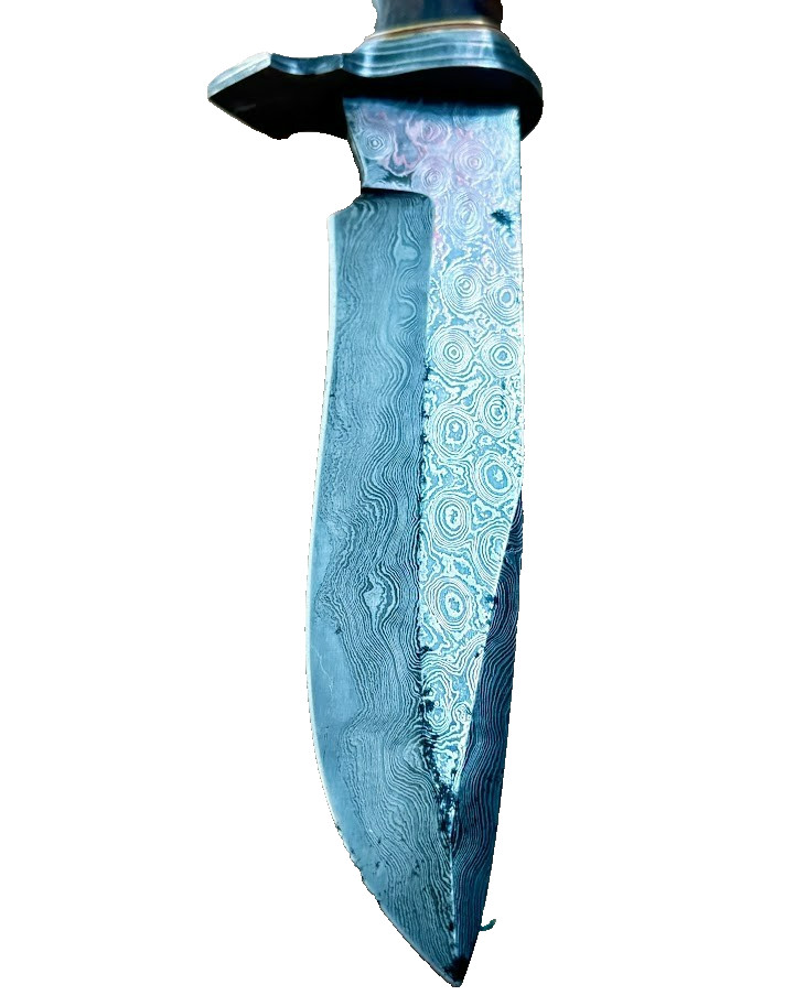 Damascus Blade 11" Bowie Knife with Leather Sheath Wood Handle Knives