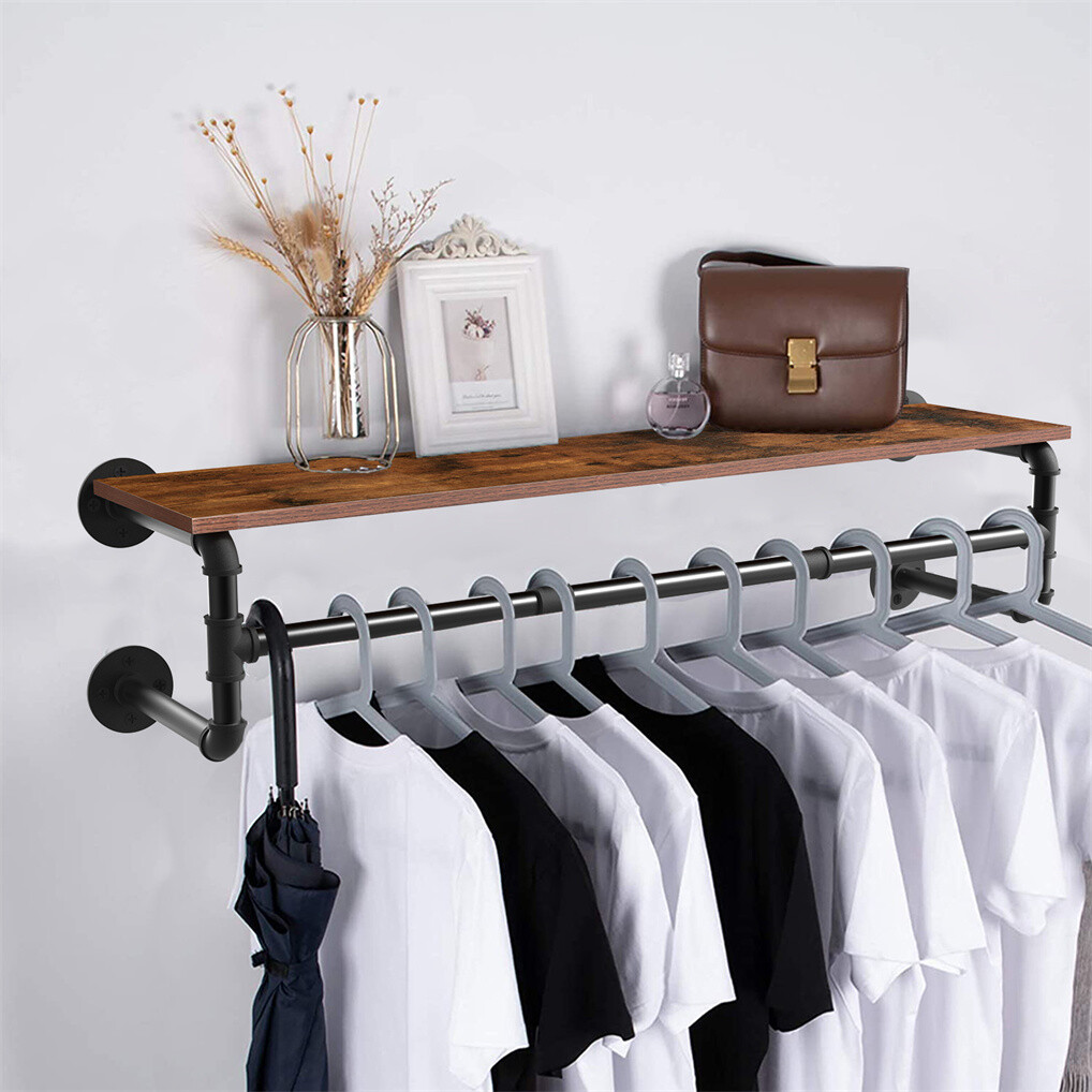 Clothes Rack w/ Top Shelf Industrial Pipe Wall Mounted Garment Rack Hanging Rail