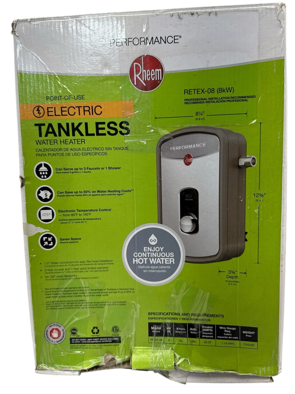 Rheem Performance RETEX-08 Electric Tankless Water Heater 8 kW 1.55 GPM (OB)