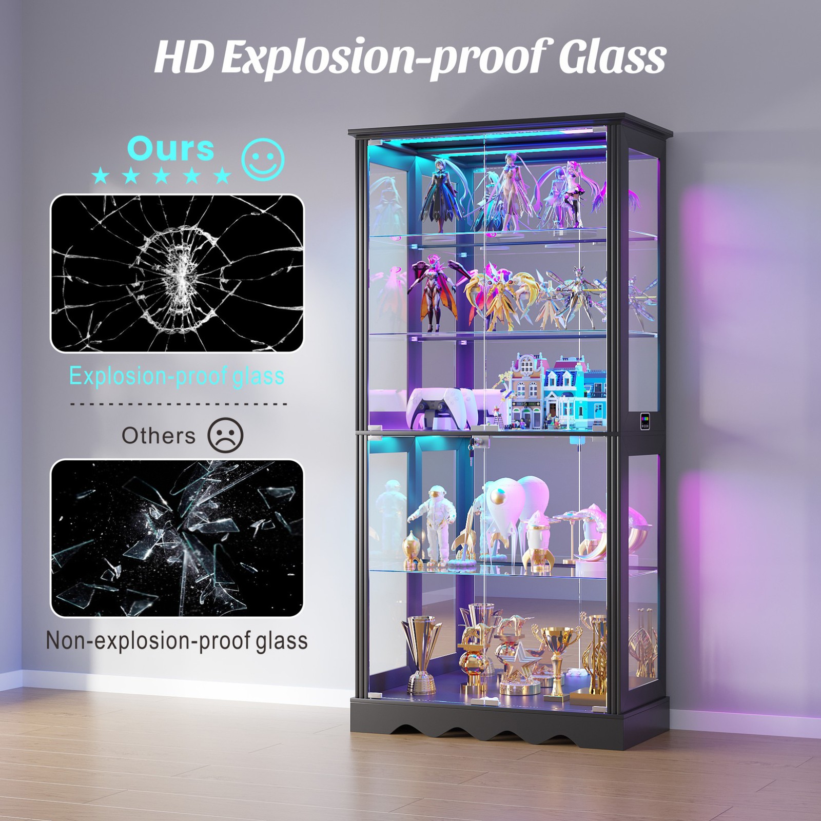 Black Display Cabinet with RBG Lights, 5-Tiers Display Cases for Collectibles