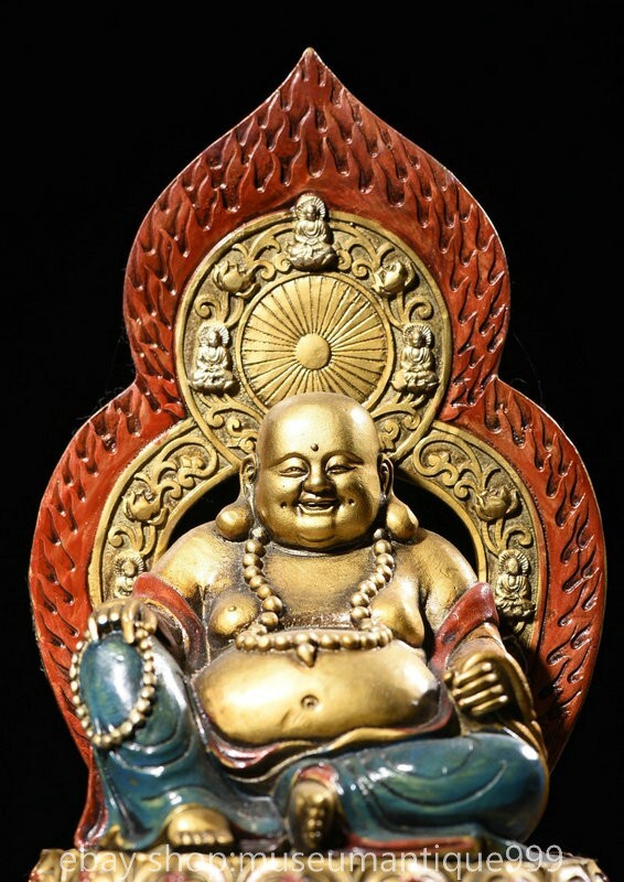 11.6" Old Chinese Bronze Buddhism Happy Laugh Maitreya Buddha Statue Painting