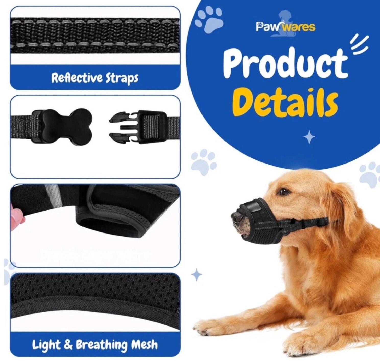 PawWares Dog Muzzle Soft Nylon Adjustable-Breathable-Drinkable | BLUE MEDIUM