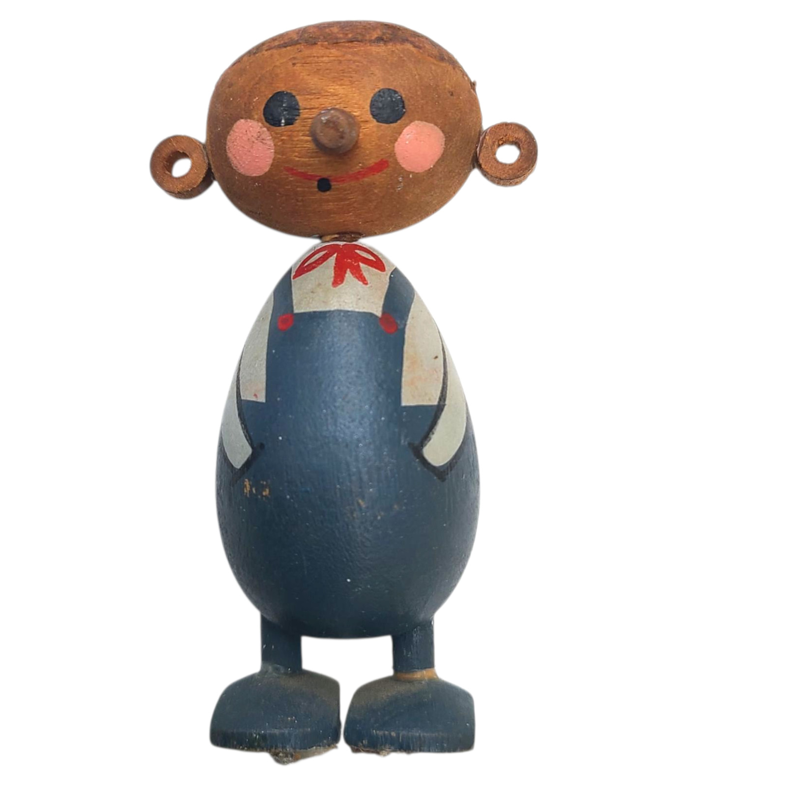 Vintage African American Troll figure Wooden 3" Blue Overalls Folk Art Gnome