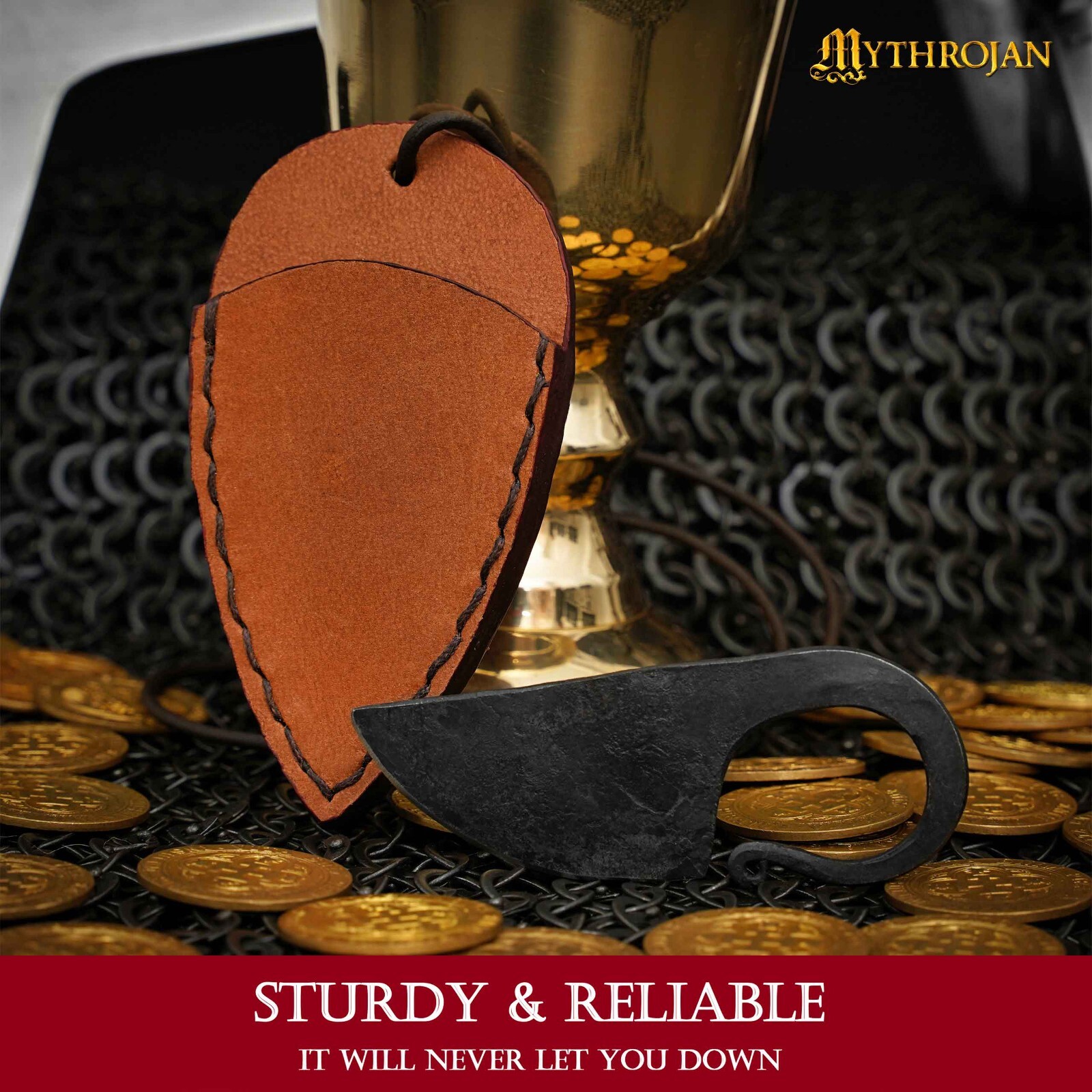 Hunting Pocket Knife Hand Forged Celtic Blade with Necklace Leather Sheath Tan