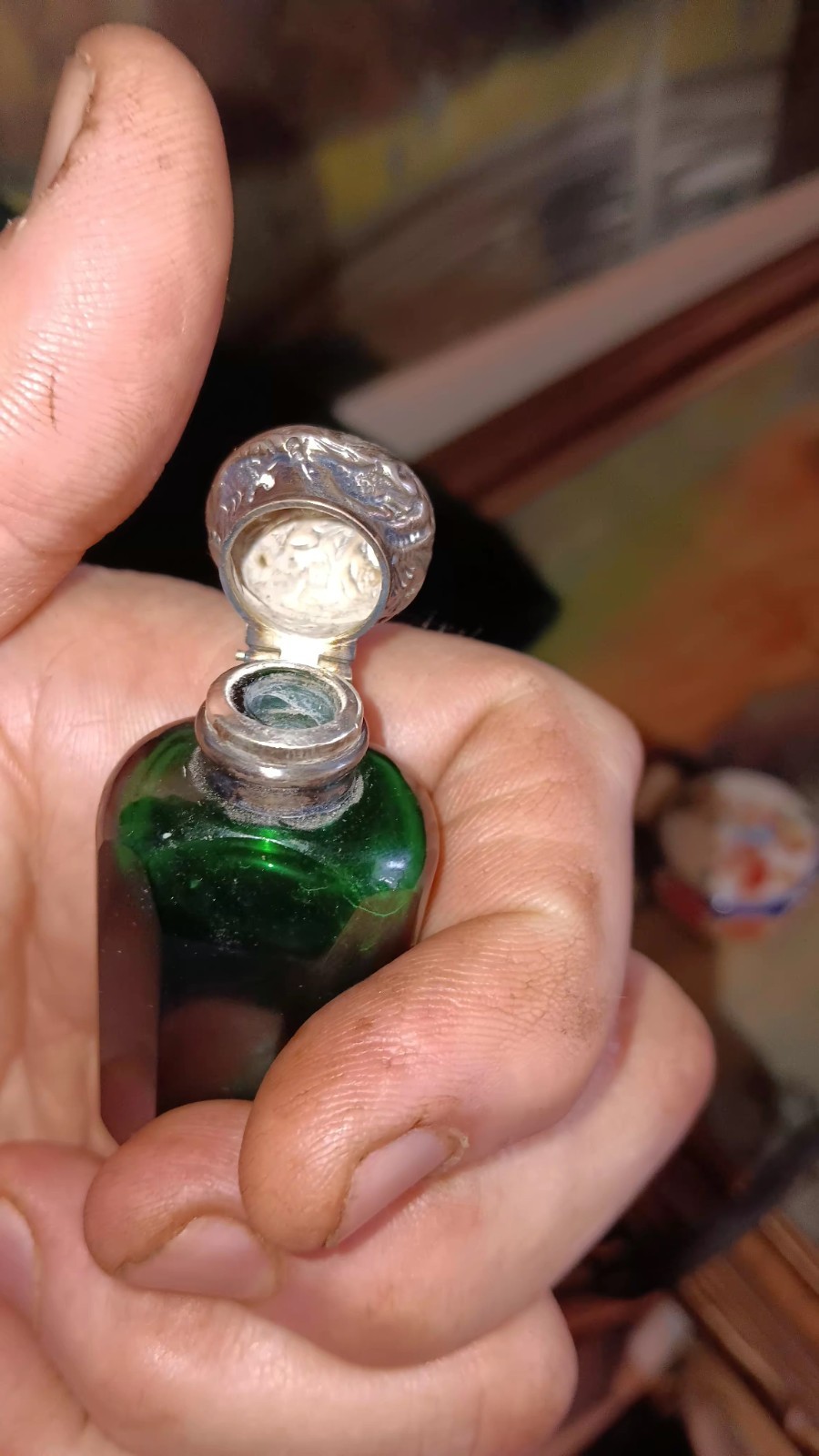 Antique Green Faceted Glass And Sterling Scent Bottle