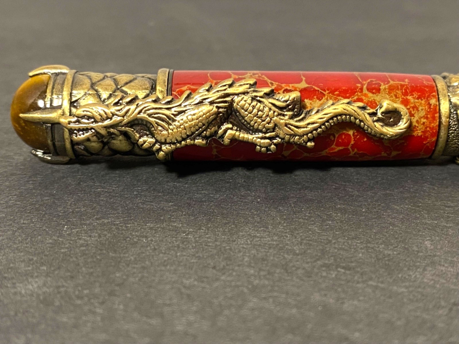 Red Jasper Crouching Dragon Armored Scales Twist Ballpoint Pen Tigers Eye