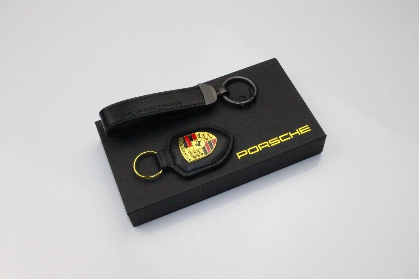 Leather Porsche Premium Keychain with Box Exquisite Set Men Gift-Black