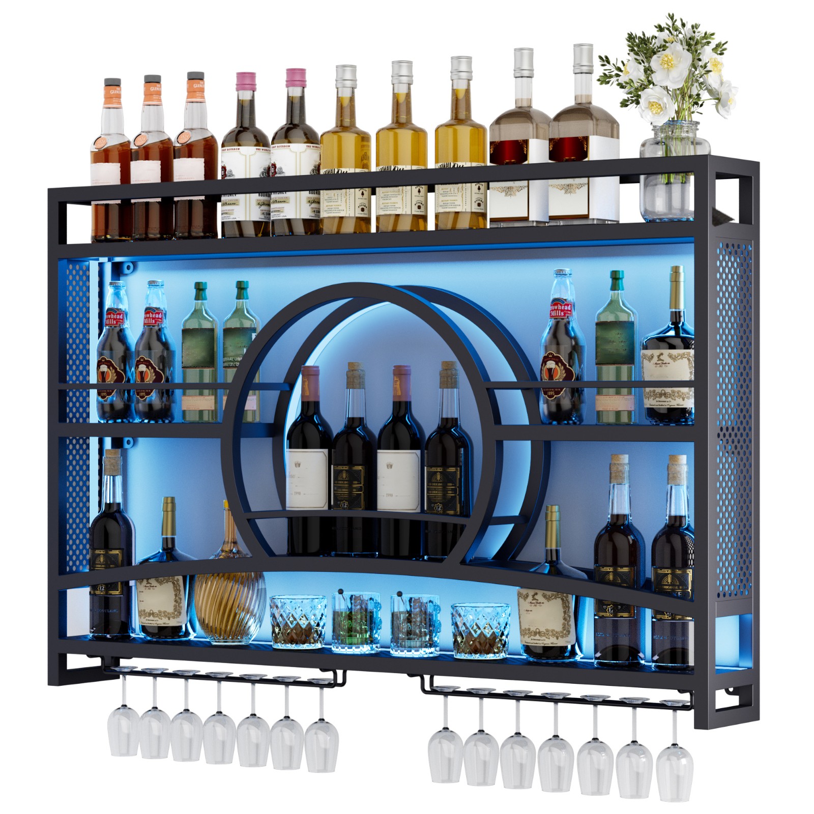 Fully Assemble Wine Rack Wall Mounted Bar Liquor Display Rack w/ Glass Holder