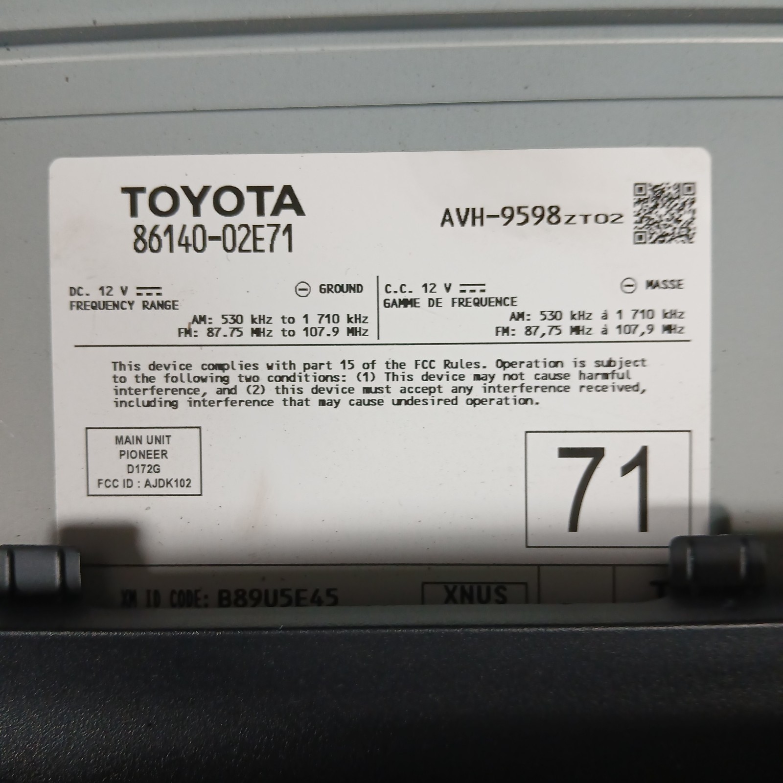 TOYOTA COROLLA Sedan Display and receiver 8614002E71 2021 2022 OEM