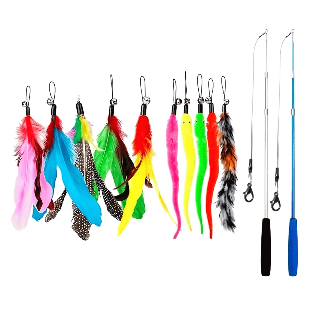 12PCS Kitten Cat Toy Feather Bell 2 Wand 10 Teaser Rod Interactive Play Pet Toys