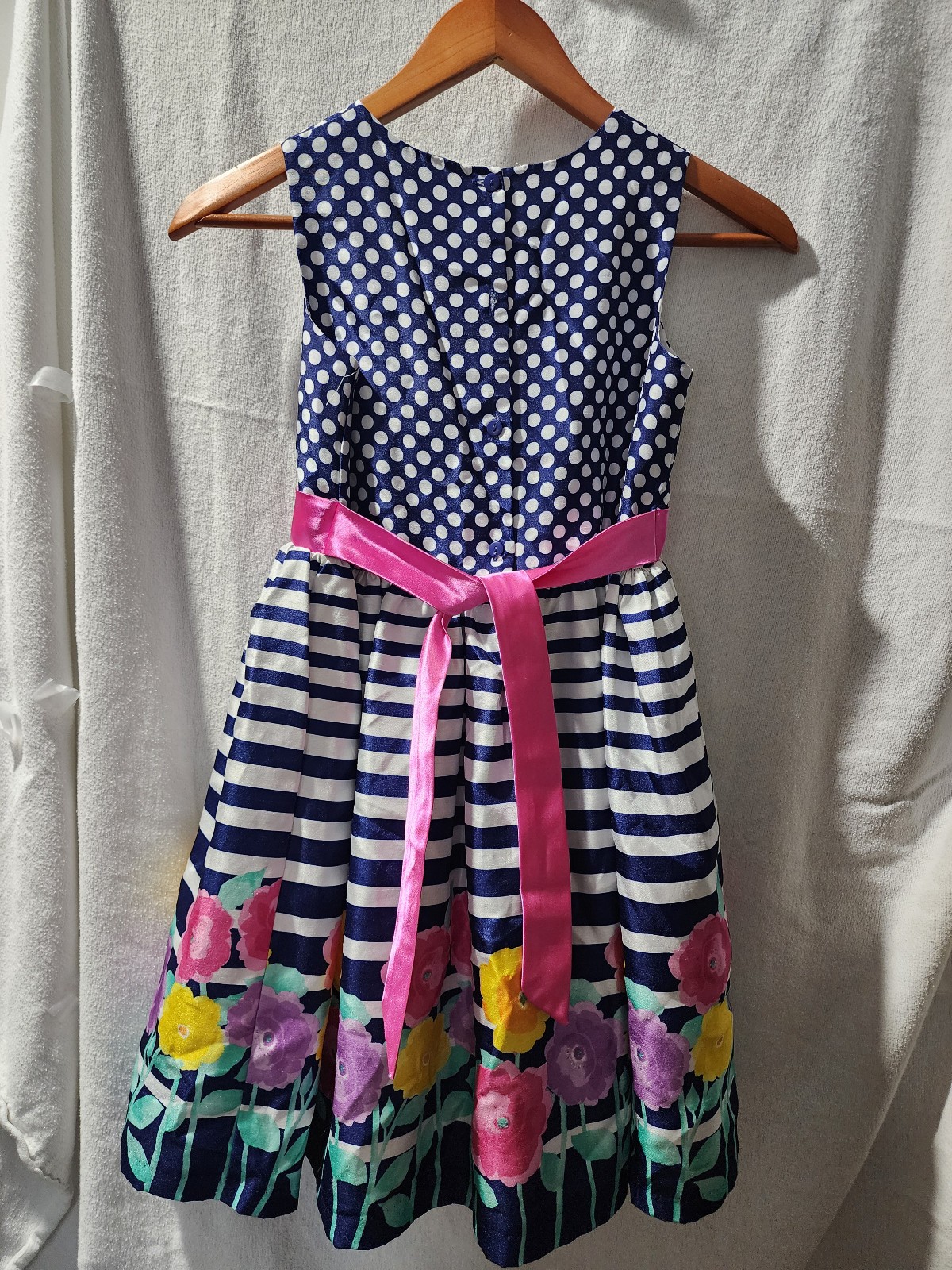 George girls 10 Blue and white striped/polka dot/floral sleeveless dress.