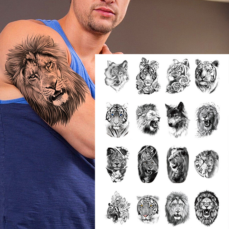 Women Men Lion Transfer Tattoo Tiger Animals Fake Sticker Temporary Tattoo Wol↔