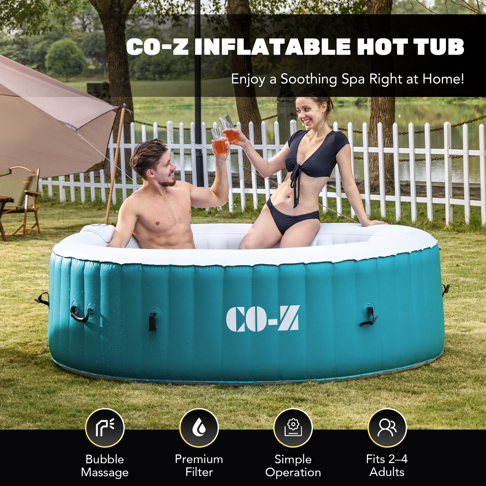 6ft Inflatable Hot Tub Portable Above Ground Pool with 120 Air Jets Heater Teal