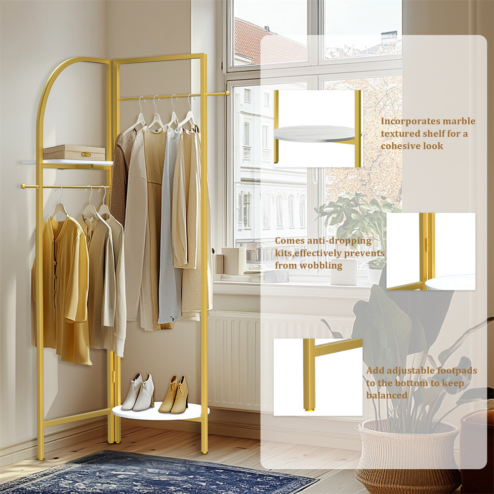 Corner Gold Metal Clothing Rack Freestanding Clothes Coat Rack 90-180° Unfolding