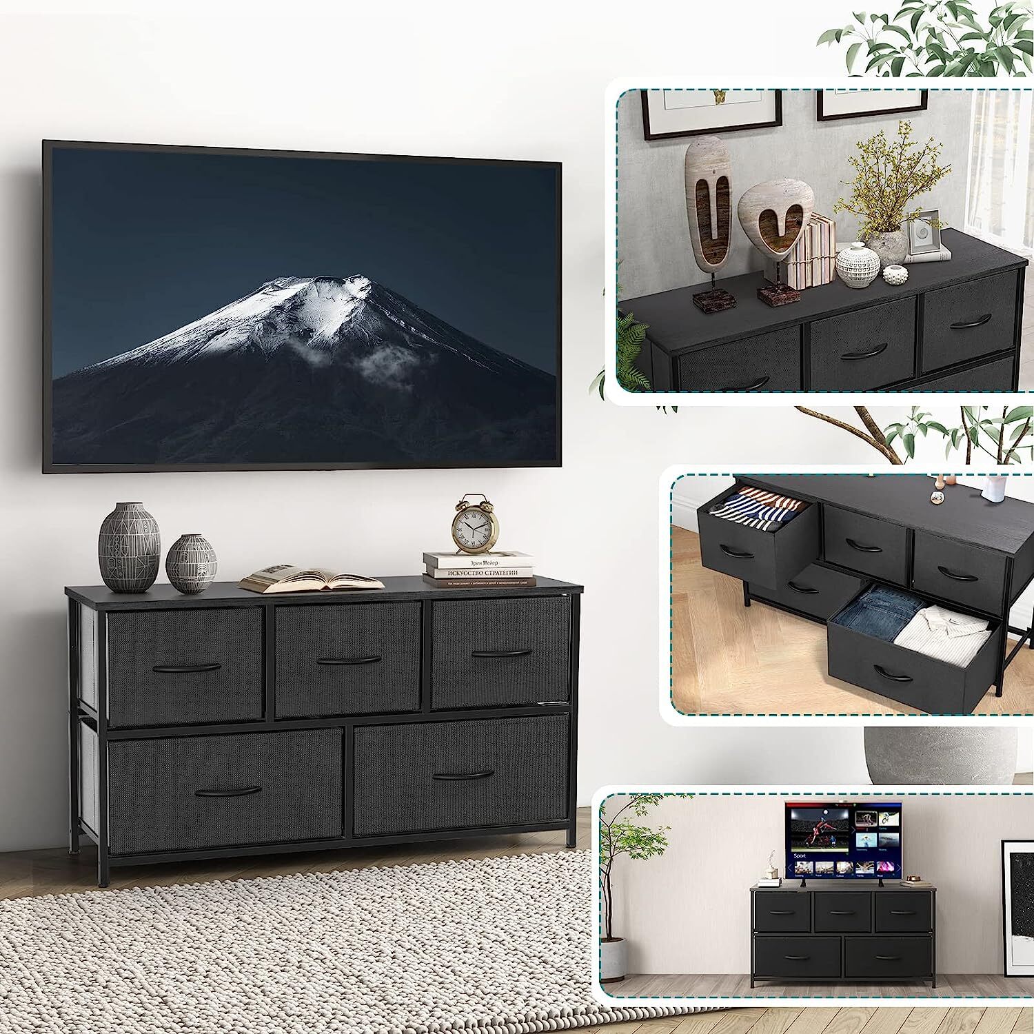 Black 5 Drawers Dresser for Bedroom Wood Top Organizer Fabric Storage Drawers