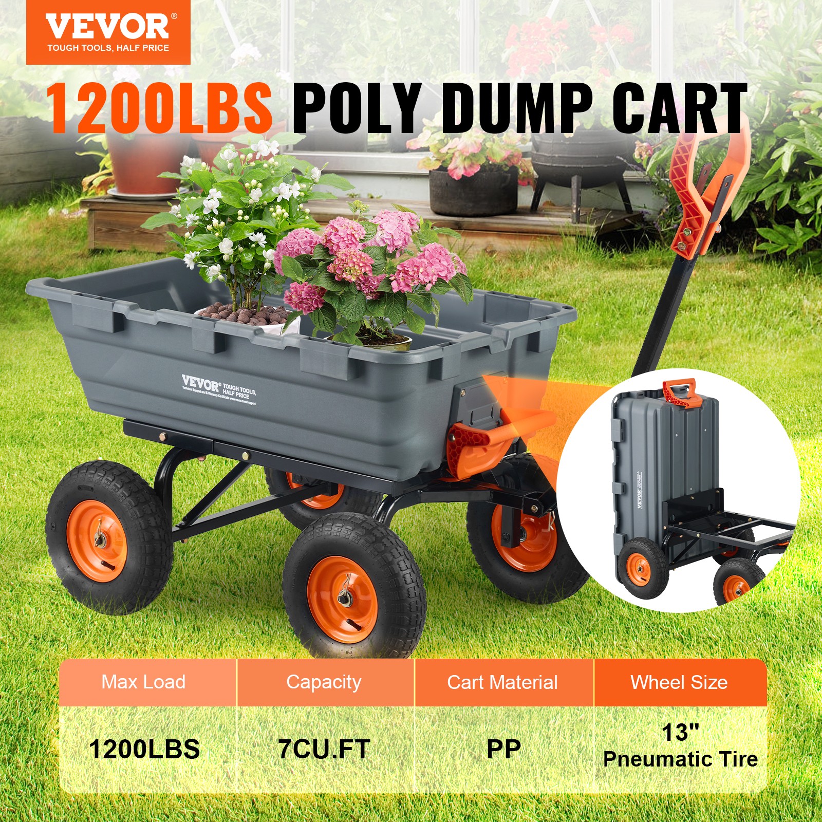 VEVOR Poly Garden Dump Cart Heavy-duty Yard Carts and Wagons 6.48 cu.ft 1200 lbs