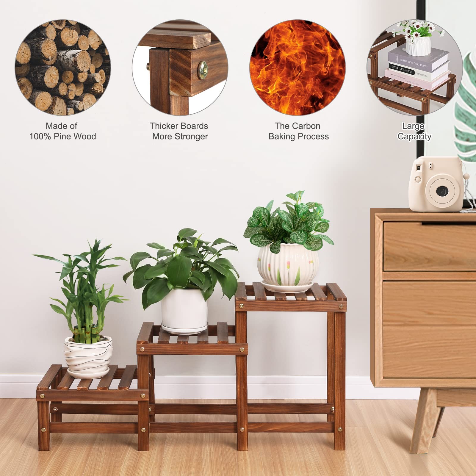 Jotboom 3 Tiers Plant Stand Indoor,Wood Stands for Carbonized color
