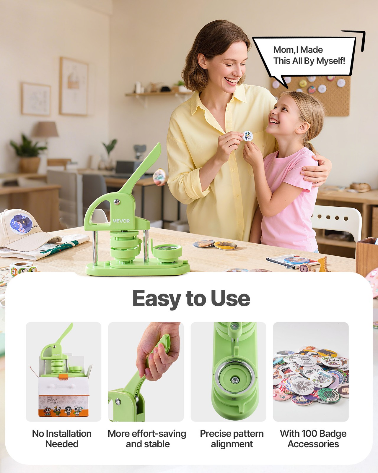 VEVOR Button Maker Machine Plastic Pin Maker 2.28 in 100pcs Button Parts Green