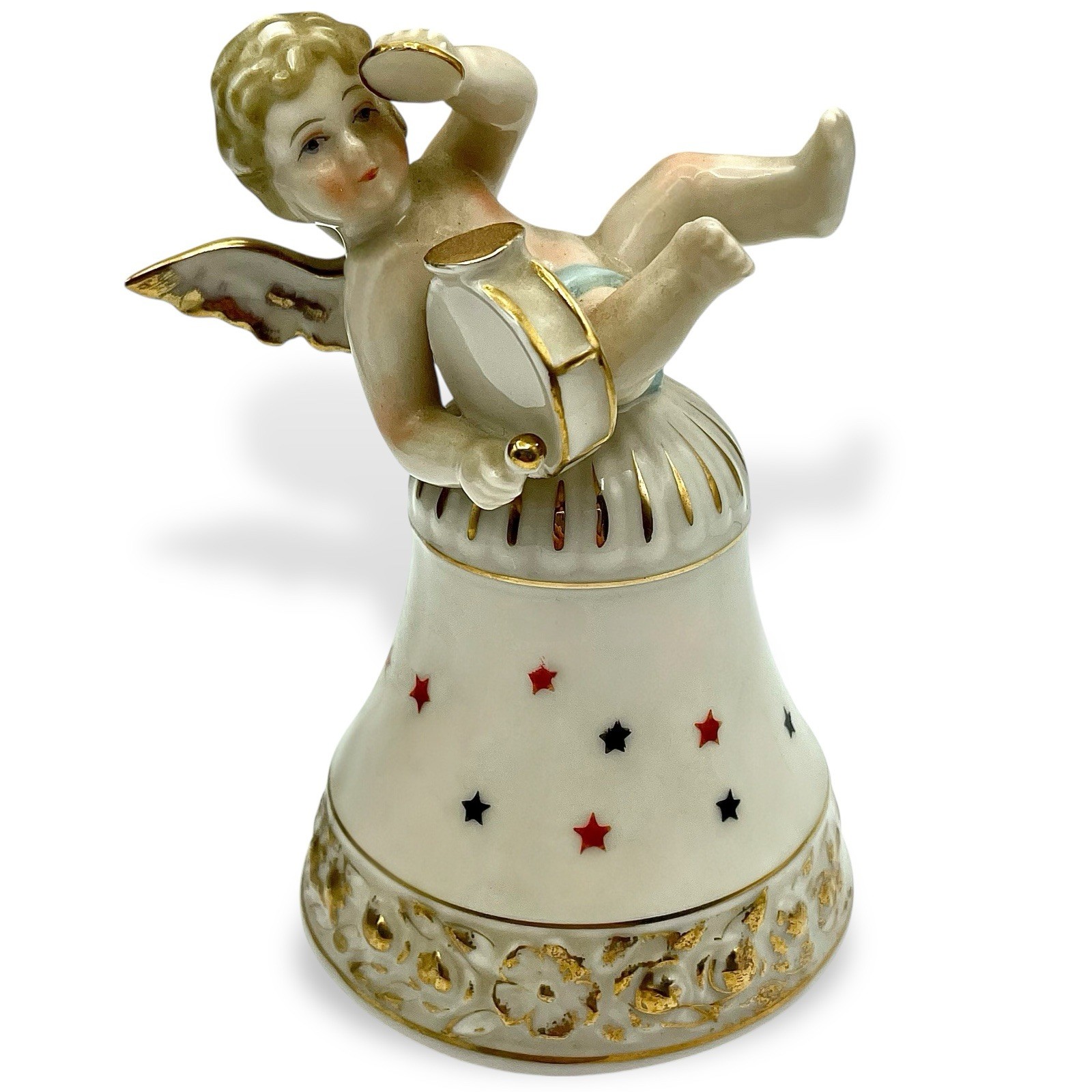 Vtg MCM Ardalt Musician CHERUB ANGEL BELL Porcelain Cybal Drum Stars EUC Japan