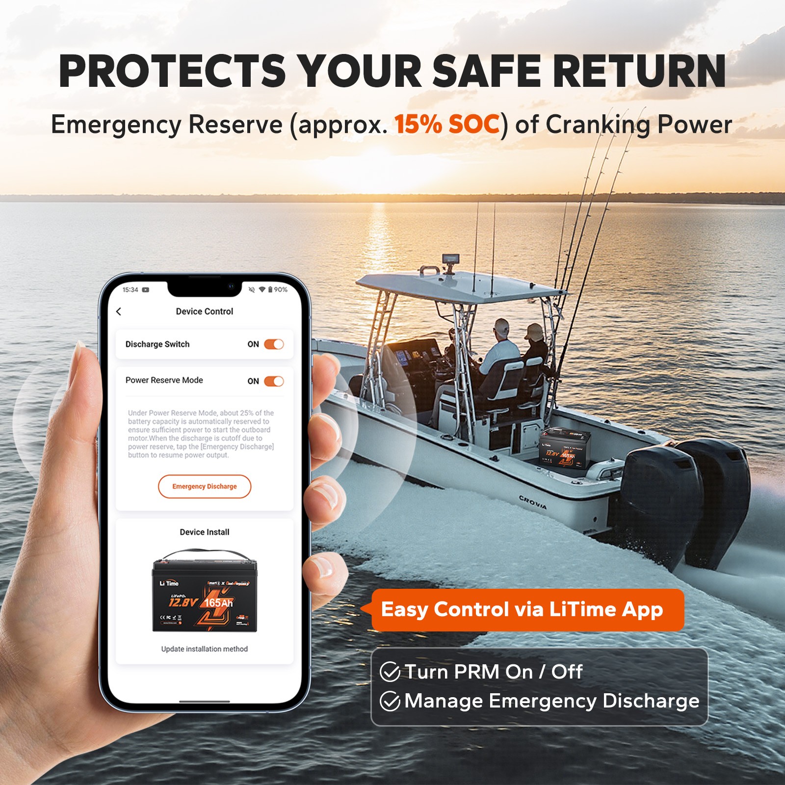 LiTime 12V 165Ah Dual Purpose LiFePO4 Marine Battery CCA 1200 For Outboard Motor